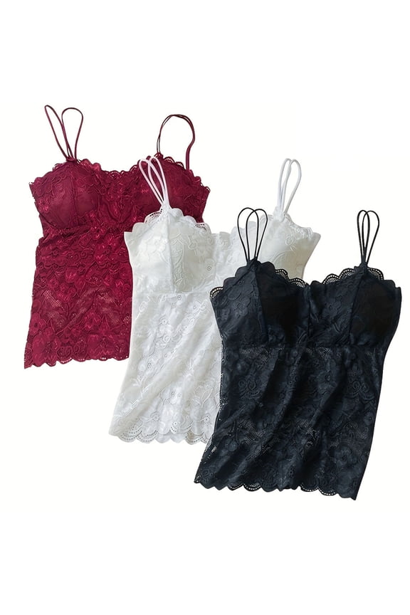 3 Pack Women's Lace Camisole Vest - Breathable Spaghetti Strap Tank Top Basic Cami Undershirt Tops Seamless Beauty Back Top with Built-in Bra, M-2XL