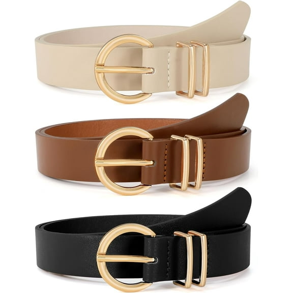 3 Pack Women's Leather Belts for Jeans Dresses Ladies Waist Belt with Fashion Gold Buckle