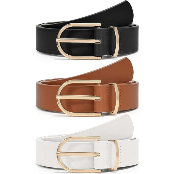 3 Pack Women's Leather Belts for Jeans Pants Fashion Gold Buckle Ladies Dress Belt