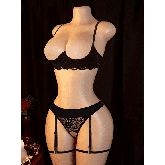 3 Pack Women's Lingerie Set Sexy Lace with Breathable Holes Bra with Low Waist Panties and Ring Leg Straps