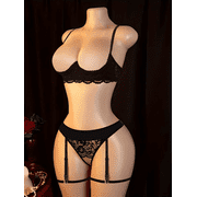 3 Pack Womens Lingerie Set Sexy Lace with Breathable Holes Bra with Low Waist Panties and Ring Leg Straps