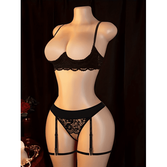 3 Pack Women's Lingerie Set Sexy Lace with Breathable Holes Bra with Low Waist Panties and Ring Leg Straps