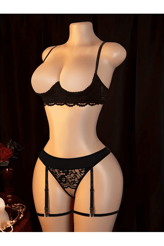 3 Pack Women's Lingerie Set Sexy Lace with Breathable Holes Bra with Low Waist Panties and Ring Leg Straps