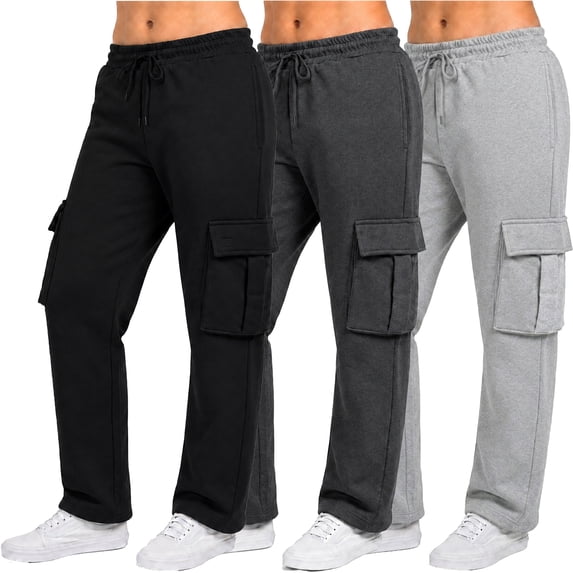 3-Pack Women's Loose Fit Fleece Lined Jogger Sweatpants With Velcro Cargo Pockets (S-5XL)