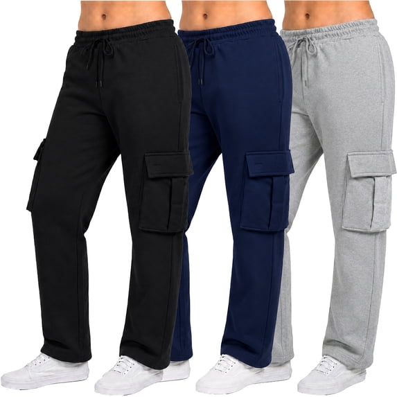 3-Pack Women's Loose Fit Fleece Lined Jogger Sweatpants With Velcro Cargo Pockets (S-5XL)