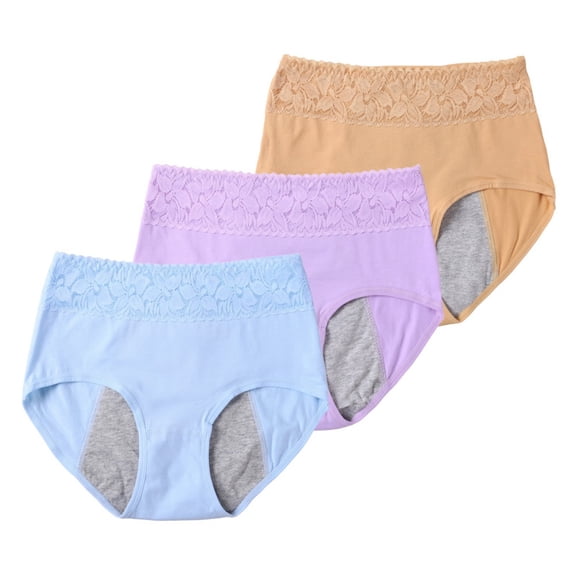 3 Pack Women's Menstrual Underwear Physiological Briefs, Women's Leakproof Ladies Panties Seamless Full Coverage Lace Stretch Breathable Briefs Mid Waist Briefs Underwear, Multicolor, M-2XL