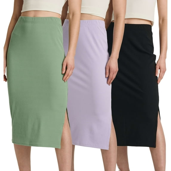 3 Pack: Women's Midi Ribbed Knit Skirt With Side Slit - Stretchy Office Work Business Casual Pencil Pull-On Skirts