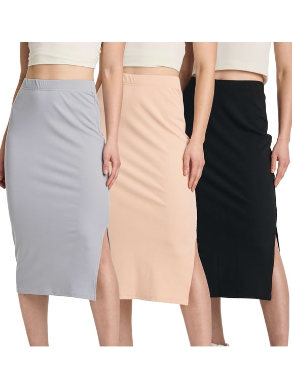 3 Pack: Women's Midi Ribbed Knit Skirt With Side Slit - Stretchy Office Work Business Casual Pencil Pull-On Skirts