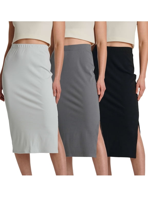 3 Pack: Women's Midi Ribbed Knit Skirt With Side Slit - Stretchy Office Work Business Casual Pencil Pull-On Skirts