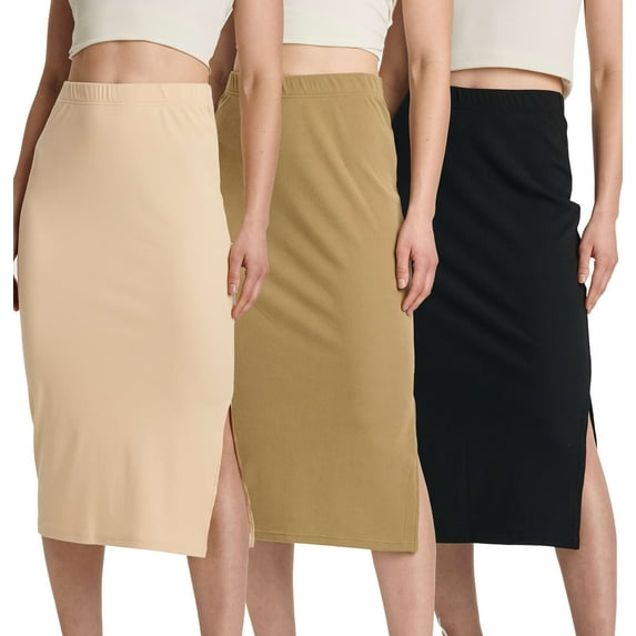 3 Pack: Women's Midi Ribbed Knit Skirt With Side Slit - Stretchy Office Work Business Casual Pencil Pull-On Skirts