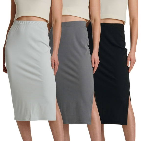 3 Pack: Women's Midi Ribbed Knit Skirt With Side Slit - Stretchy Office Work Business Casual Pencil Pull-On Skirts