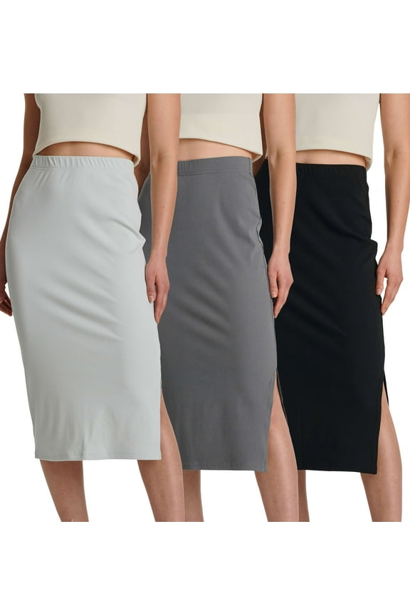 3 Pack: Women's Midi Ribbed Knit Skirt With Side Slit - Stretchy Office Work Business Casual Pencil Pull-On Skirts