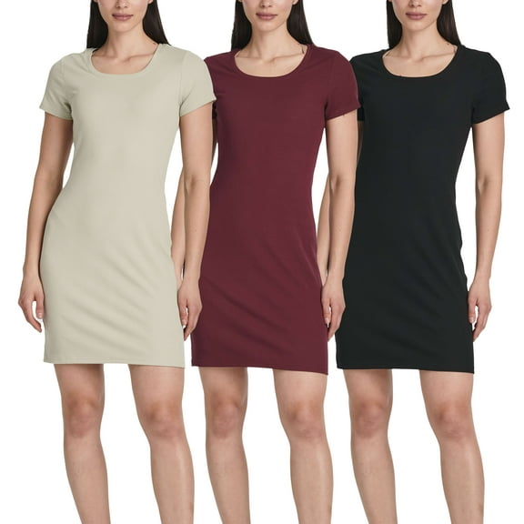 3 Pack: Women's Mini Short Sleeve Ribbed Scoop Neck Casual T-Shirt Bodycon Dress