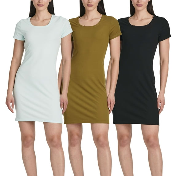 3 Pack: Women's Mini Short Sleeve Ribbed Scoop Neck Casual T-Shirt Bodycon Dress