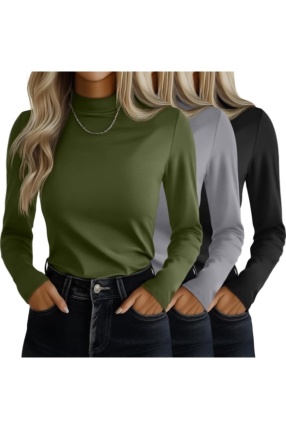3 Pack Women's Mock Turtleneck Shirts, Long Sleeve Mock Neck Pullover Tops Slim Fitted Stretch Undershirt Tee Blouse