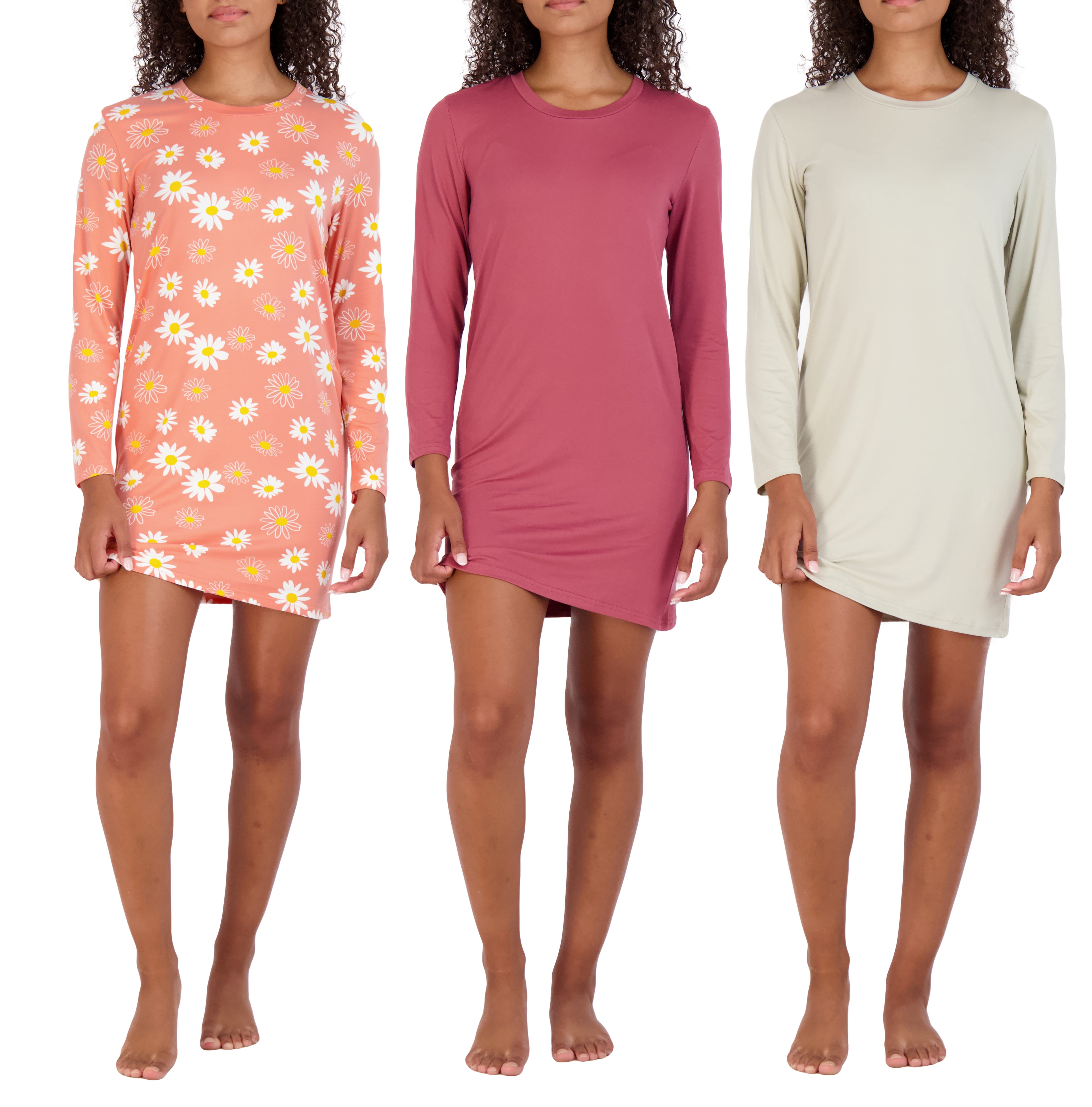 3 Pack: Women's Nightshirt Long Sleeve Ultra-Soft Print Nightgown Sleep ...