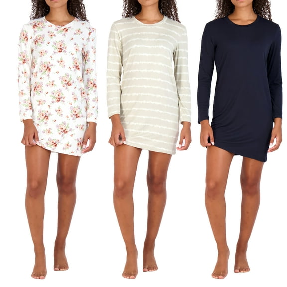 3 Pack: Women's Nightshirt Long Sleeve Ultra-Soft Print Nightgown Sleep Dress (Available In Plus Size)