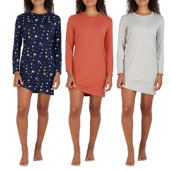 3 Pack: Women's Nightshirt Long Sleeve Ultra-Soft Print Nightgown Sleep Dress (Available In Plus Size)