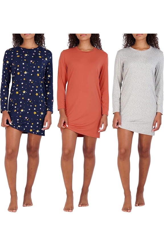 3 Pack: Women's Nightshirt Long Sleeve Ultra-Soft Print Nightgown Sleep Dress (Available In Plus Size)