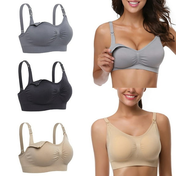Womom 3 Pack Nursing Bras for Breastfeeding - Wireless Maternity Bra Sleep Full Coverage, Seamless Soft Bralette with Removable Pads & Extenders, Black/Gray/Beige, M-2XL