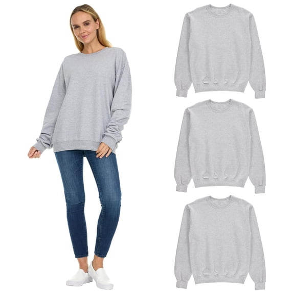 3 Pack Women’s Oversized Crew Neck Sweatshirts – Fleece Lined Bulk Wholesale Pullover Sweaters for Charities & Events –Gray-L