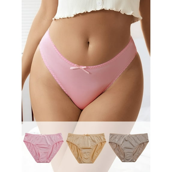 3 Pack Women's Panties Silky Sexy Satin Bikini Panties with Bow S - Plus Size Women's Solid Color Underwear