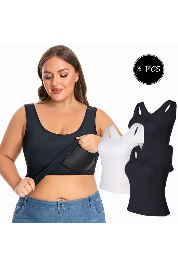 3 Pack Women's Plus Size Tank Tops with Buit-in Bra, Women's Camisole Seamless Compression Tank Top Shapewear Body Shaper Base Layer Undershirt Underwear Tops, XL-4XL