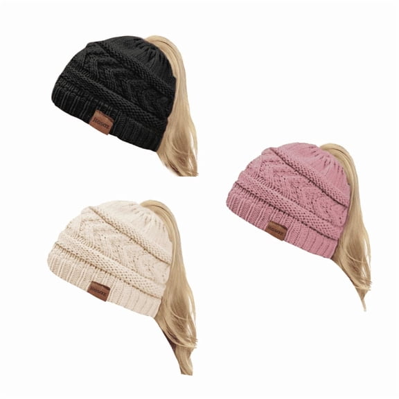 3 Pack Women's Ponytail Beanie, Winter Warm Soft Stretch Cable Knit Messy High Bun Hat with Tail