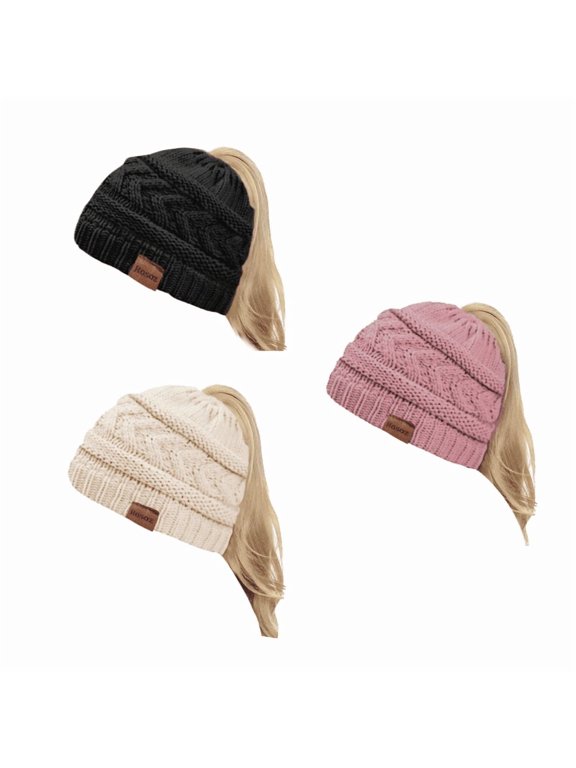 3 Pack Women's Ponytail Beanie, Winter Warm Soft Stretch Cable Knit Messy High Bun Hat with Tail
