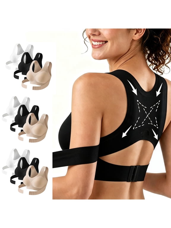 3 Pack Women's Posture Corrector Bra Set Wirefree Push up Anti-Sag Seamless Racerback Shapewear Support Black