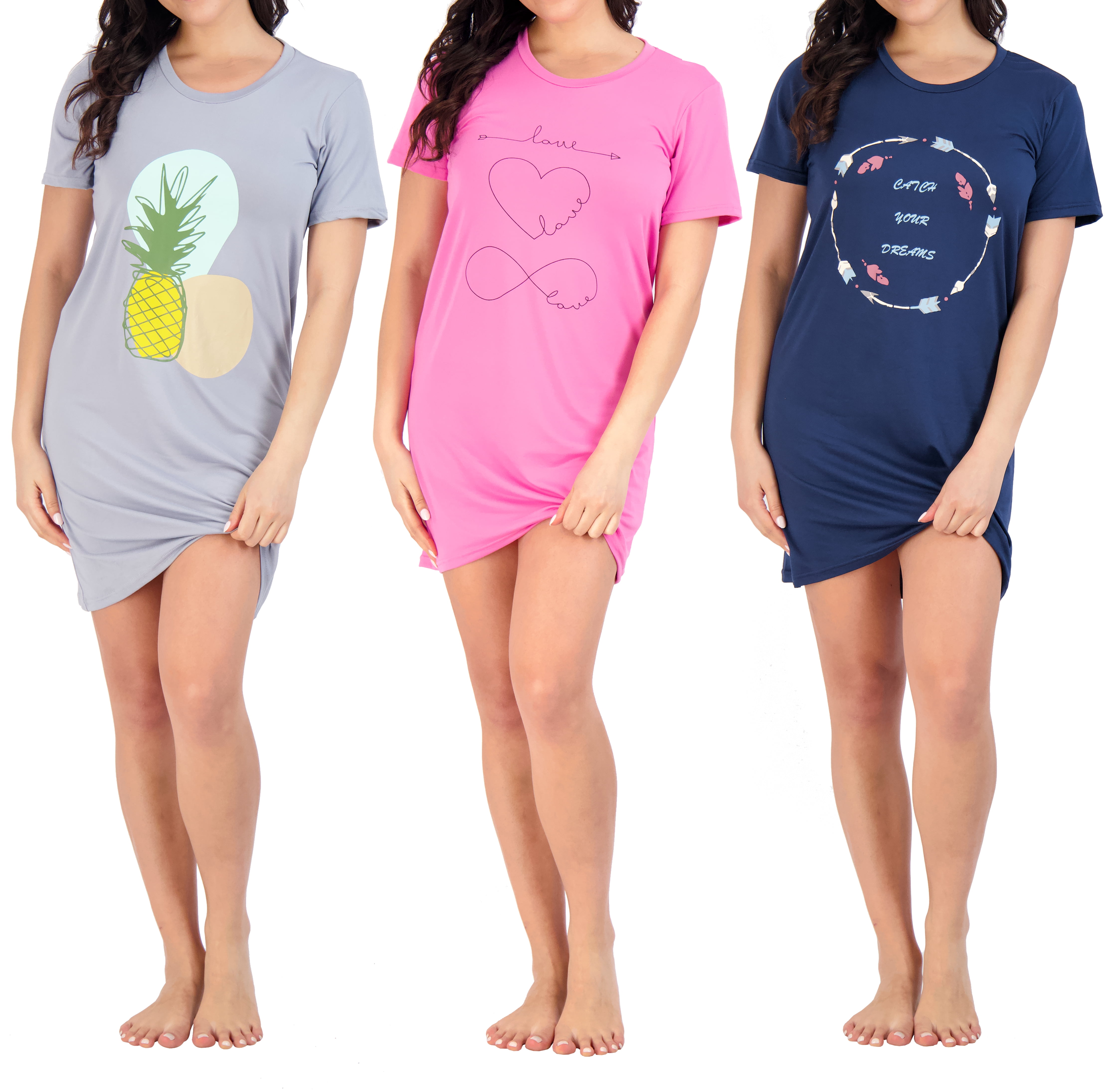 3 Pack Women's Printed Nightshirt Short Sleeve UltraSoft Nightgown
