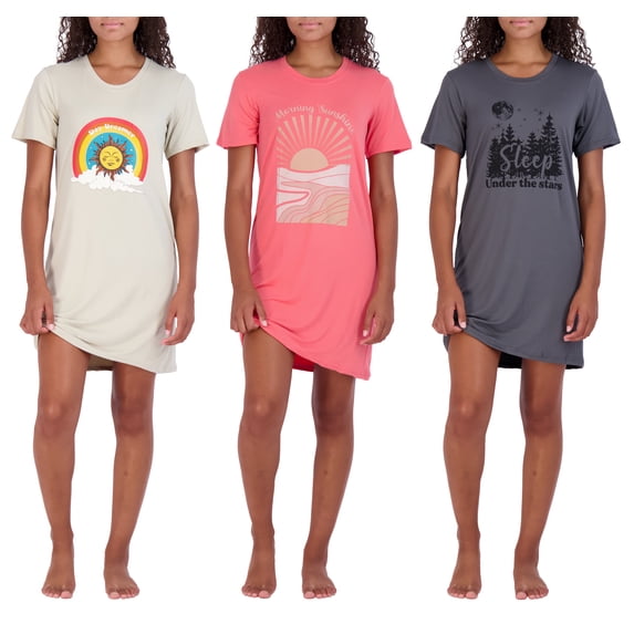 3 Pack: Women's Printed Nightshirt Short Sleeve Ultra-Soft Nightgown Sleep Dress (Available In Plus Size)