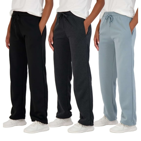 Real Essentials 3 Pack: Women's Relaxed Fit Fleece Open Bottom Sweatpants - Casual Athleisure (Available In Plus)