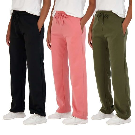 Real Essentials 3 Pack: Women's Relaxed Fit Fleece Open Bottom Sweatpants - Casual Athleisure (Available In Plus)