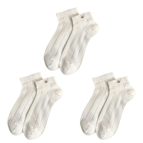 3-Pack Women's Ribbed Cotton Ankle Socks with Embroidered Bear and Moisture-Wicking Comfort, White