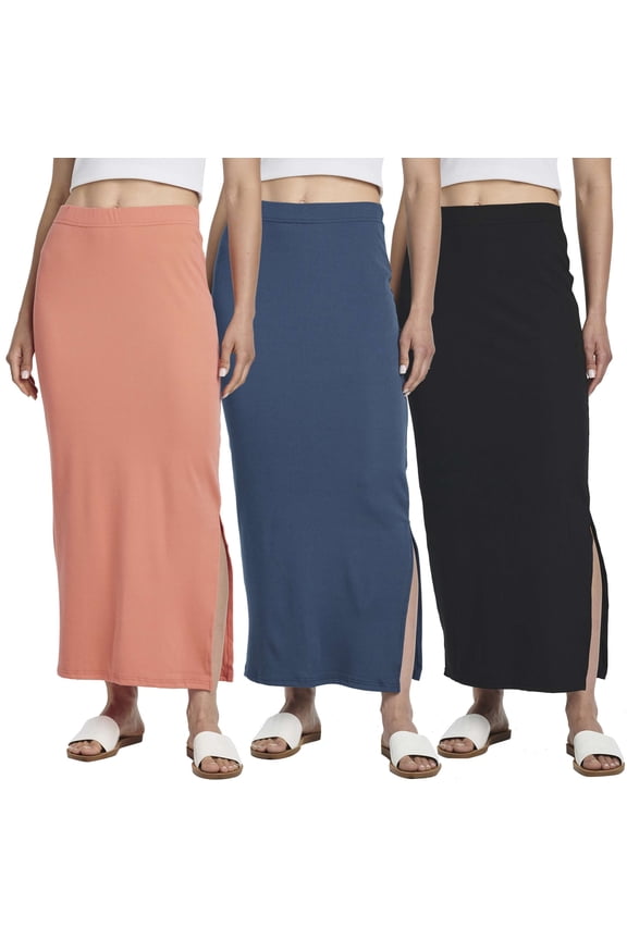 3 Pack: Women's Ribbed High Waisted Maxi Skirt with Side Slit - Casual Long Pencil Skirt