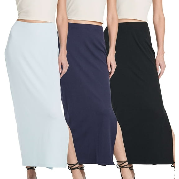 3 Pack: Women's Ribbed High Waisted Maxi Skirt With Side Slit - Casual Long Pencil Skirt