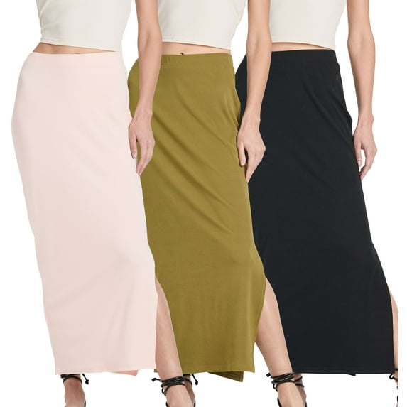 3 Pack: Women's Ribbed High Waisted Maxi Skirt With Side Slit - Casual Long Pencil Skirt