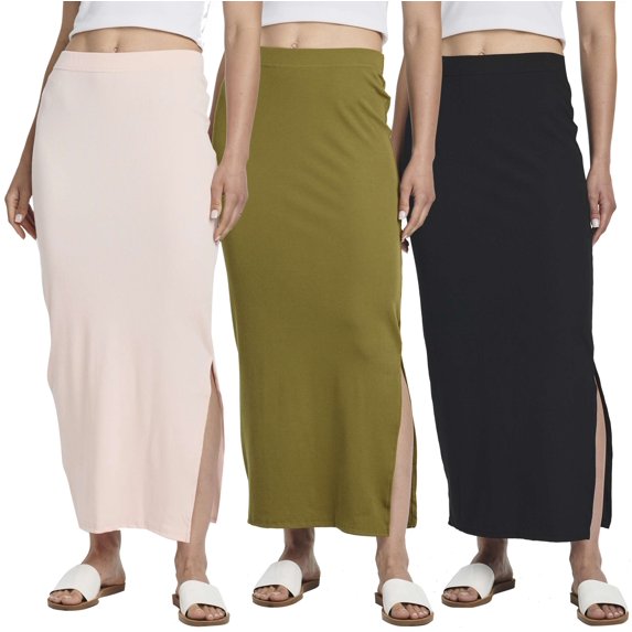 Real Essentials 3 Pack: Women's Ribbed High Waisted Maxi Skirt with Side Slit - Casual Long Pencil Skirt