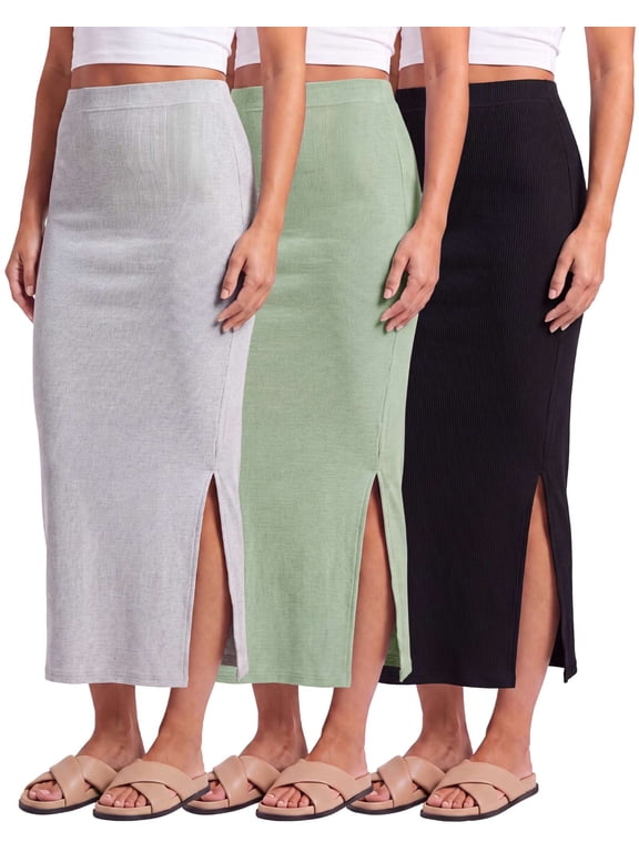 3 Pack: Women's Ribbed High Waisted Maxi Skirt with Side Slit - Casual Long Pencil Skirt
