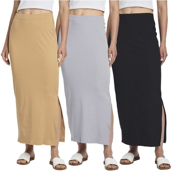 Real Essentials 3 Pack: Women's Ribbed High Waisted Maxi Skirt with Side Slit - Casual Long Pencil Skirt