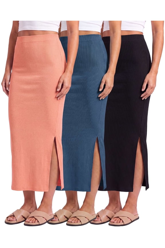 3 Pack: Women's Ribbed High Waisted Maxi Skirt with Side Slit - Casual Long Pencil Skirt