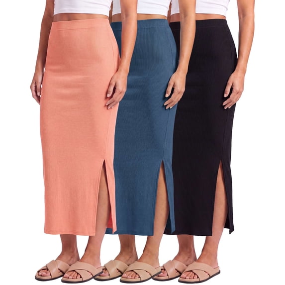 Real Essentials 3 Pack: Women's Ribbed High Waisted Maxi Skirt with Side Slit - Casual Long Pencil Skirt