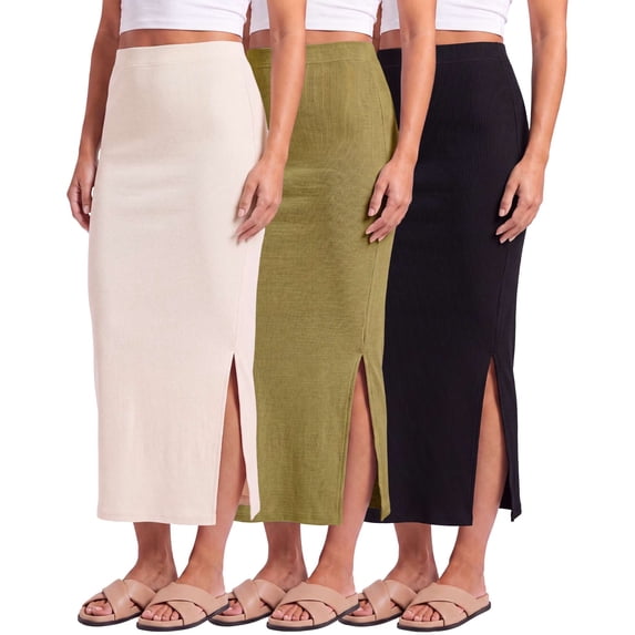 Real Essentials 3 Pack: Women's Ribbed High Waisted Maxi Skirt with Side Slit - Casual Long Pencil Skirt