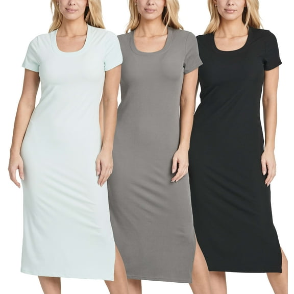 3 Pack: Women's Ribbed Jersey Crew Neck Short Sleeve Midi Length Dress With Side Slit