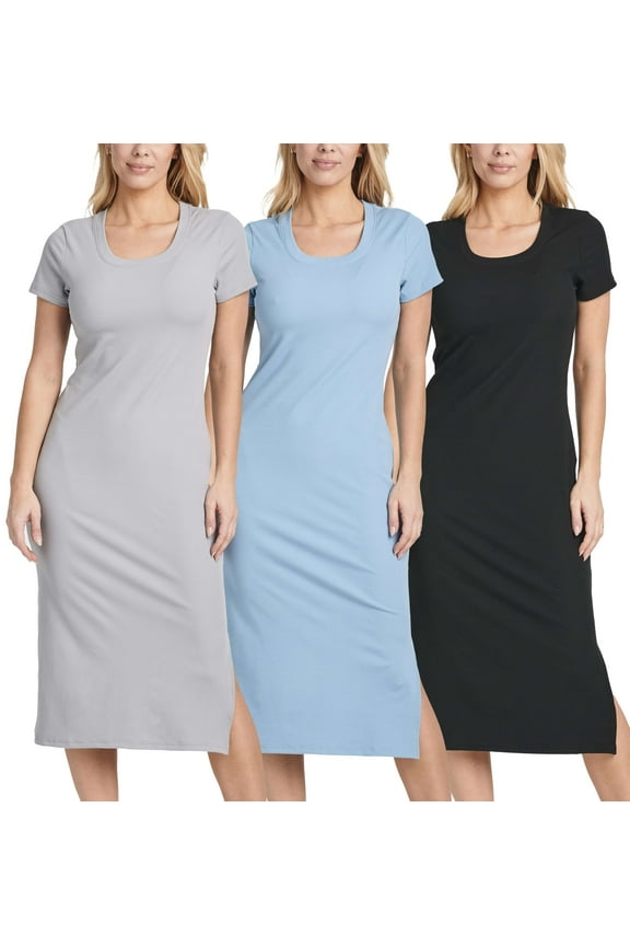 3 Pack: Women's Ribbed Jersey Crew Neck Short Sleeve Midi Length Dress With Side Slit