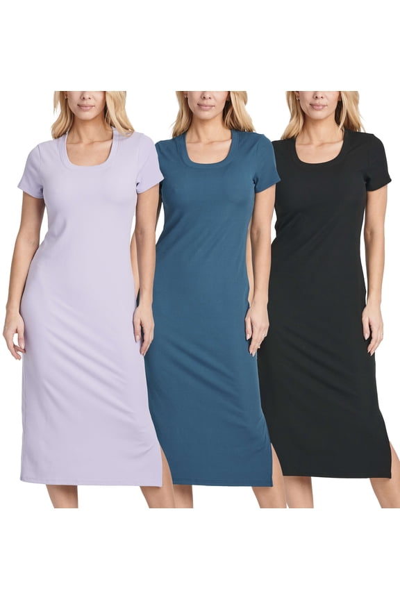 3 Pack: Women's Ribbed Jersey Crew Neck Short Sleeve Midi Length Dress With Side Slit