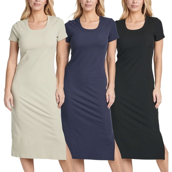 3 Pack: Women's Ribbed Jersey Crew Neck Short Sleeve Midi Length Dress With Side Slit