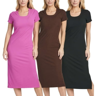 3 Pack: Women's Ribbed Jersey Crew Neck Short Sleeve Midi Length Dress With Side Slit