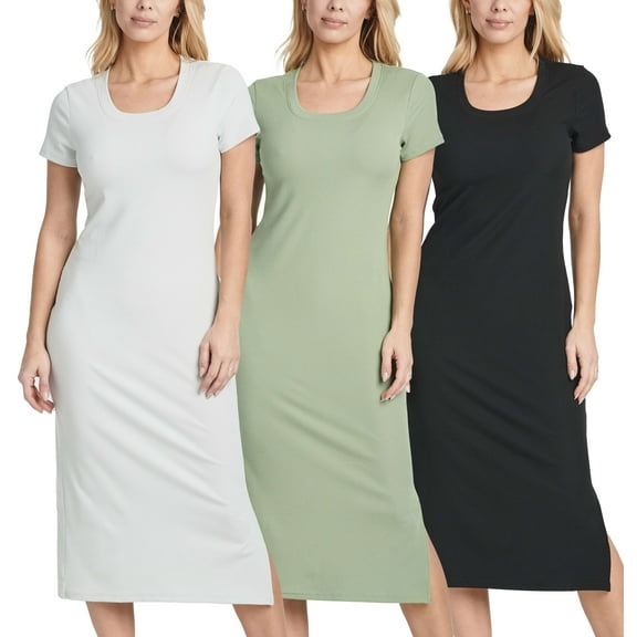 3 Pack: Women's Ribbed Jersey Crew Neck Short Sleeve Midi Length Dress With Side Slit